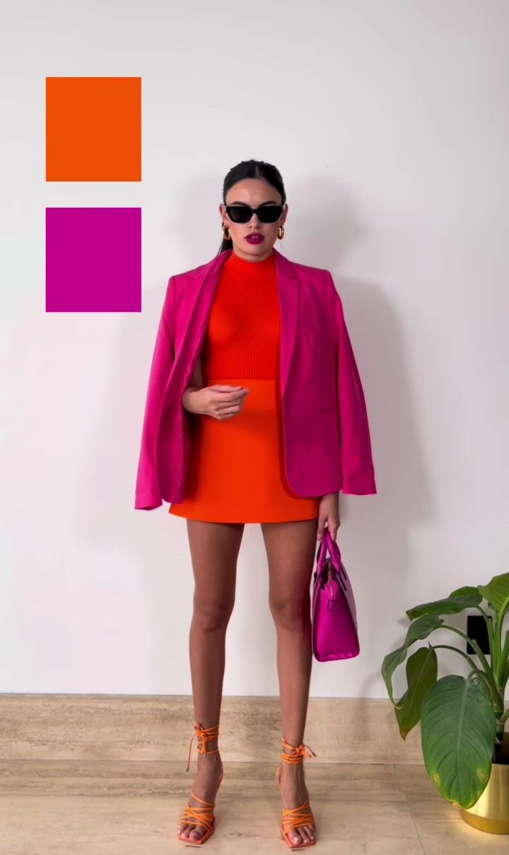 Pink Orange Outfit Color Combos, Bright Work Outfits, Color Blocking Outfits Summer, Fushia Outfit, Colorblocking Outfit, Outfit Colour Combinations, Colour Blocking Outfit, Ropa Color Neon, Orange Blazer Outfits