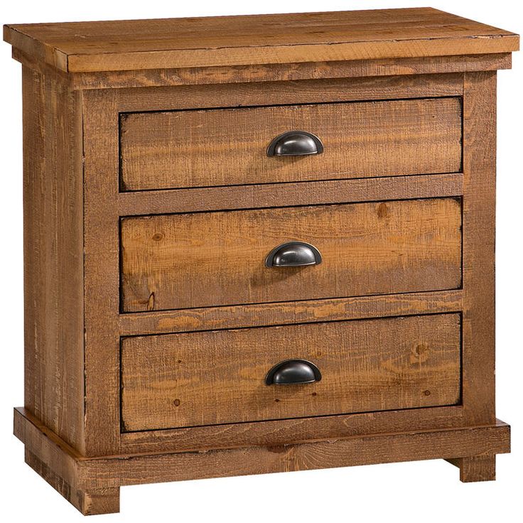 a wooden chest with three drawers on one side and two metal knobs on the other