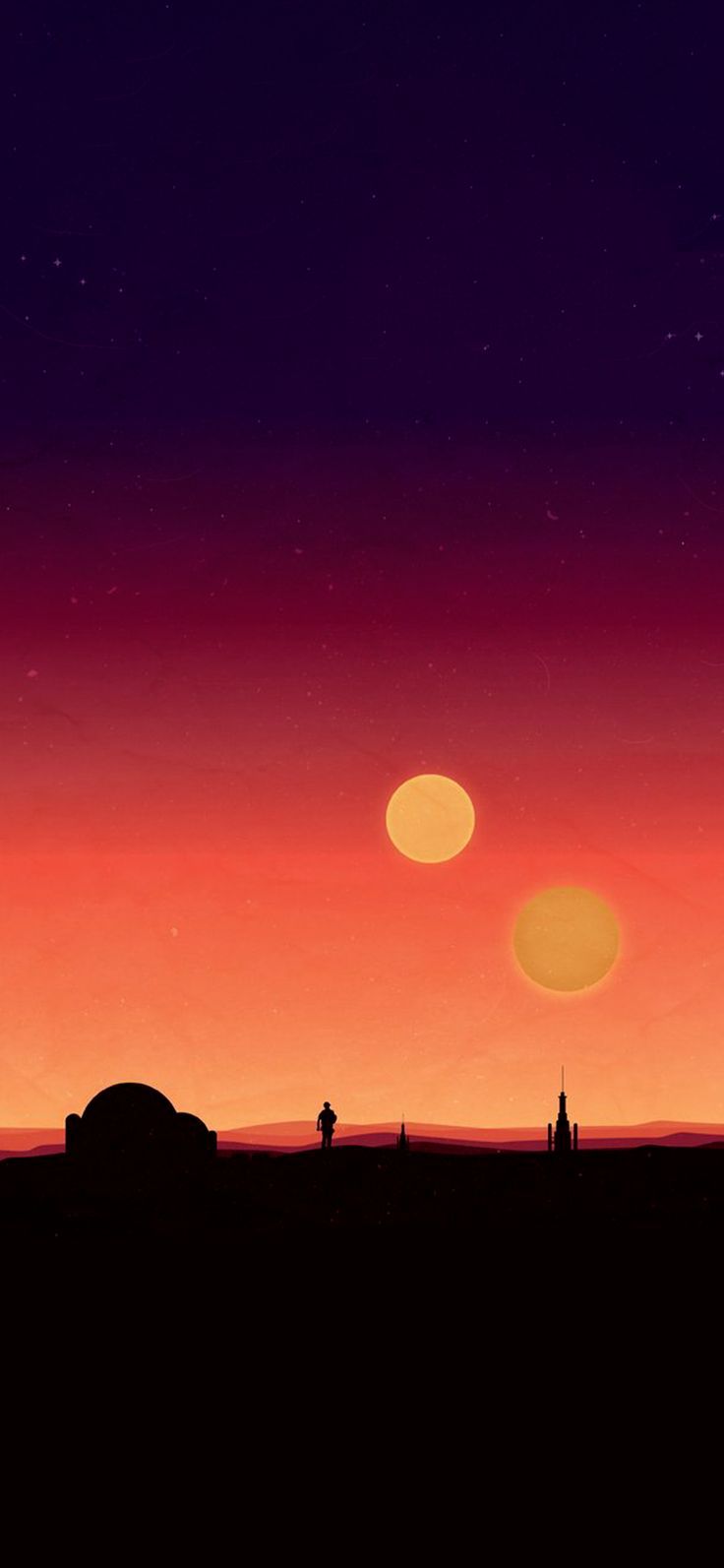 the sun is setting over some distant objects in the distance, and people are silhouetted against an orange sky