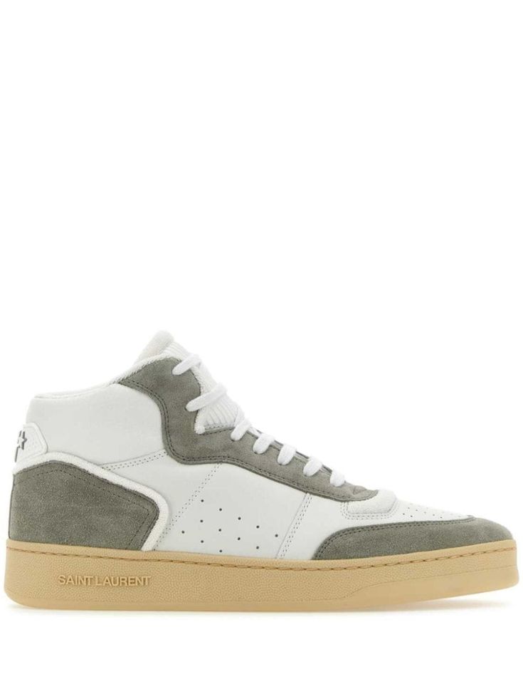 white/light grey calf leather/calf suede panelled design embossed logo to the side perforated detailing front lace-up fastening logo-embossed tongue round toe branded heel counter flat rubber sole Embossed Logo, Sneakers White, White Light, High Top, Calf Leather, Lace Front, Calf Skin, High Top Sneakers, High Tops