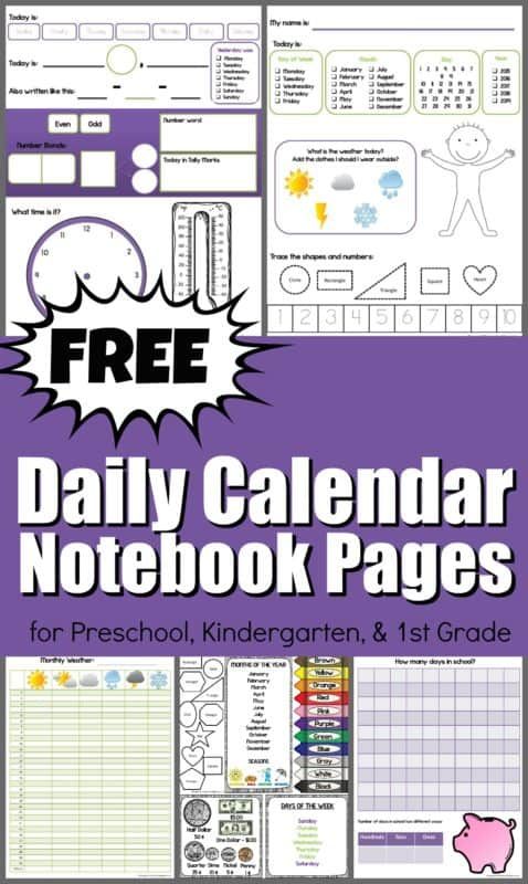 the daily calendar notebook pages for preschool and first grade students with free printables