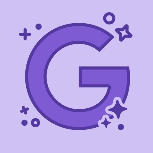 the letter g is surrounded by stars and circles on a purple background with an arrow