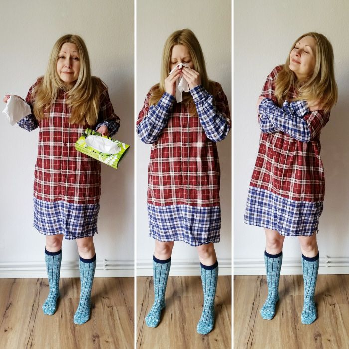 three photos of a woman in plaid dress and rain boots, holding her hands up to her mouth