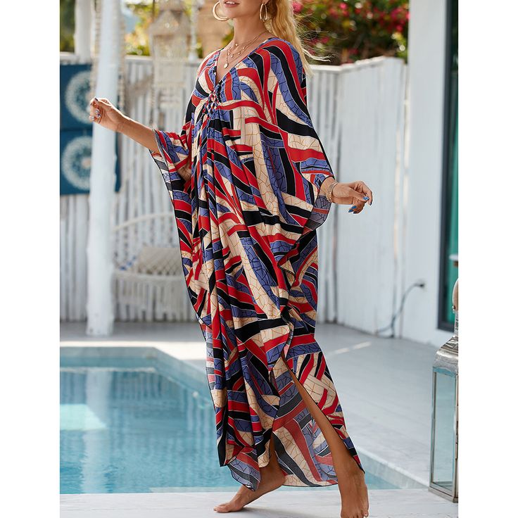 Black Red Print Long Kinimo Beachwear Multicolor Casual Beach Season Cover-up, Casual Multicolor Beach Season Cover-up, Chic Multicolor V-neck Cover-up, Trendy Multicolor Cover-up For Vacation, Red Bohemian Spring Cover-up, Red Bohemian Beach Cover-up, Red Bohemian Beach Cover-up For Beach Season, Bohemian Red Cover-up For Beach Season, Casual Cover-up For Holiday Vacation