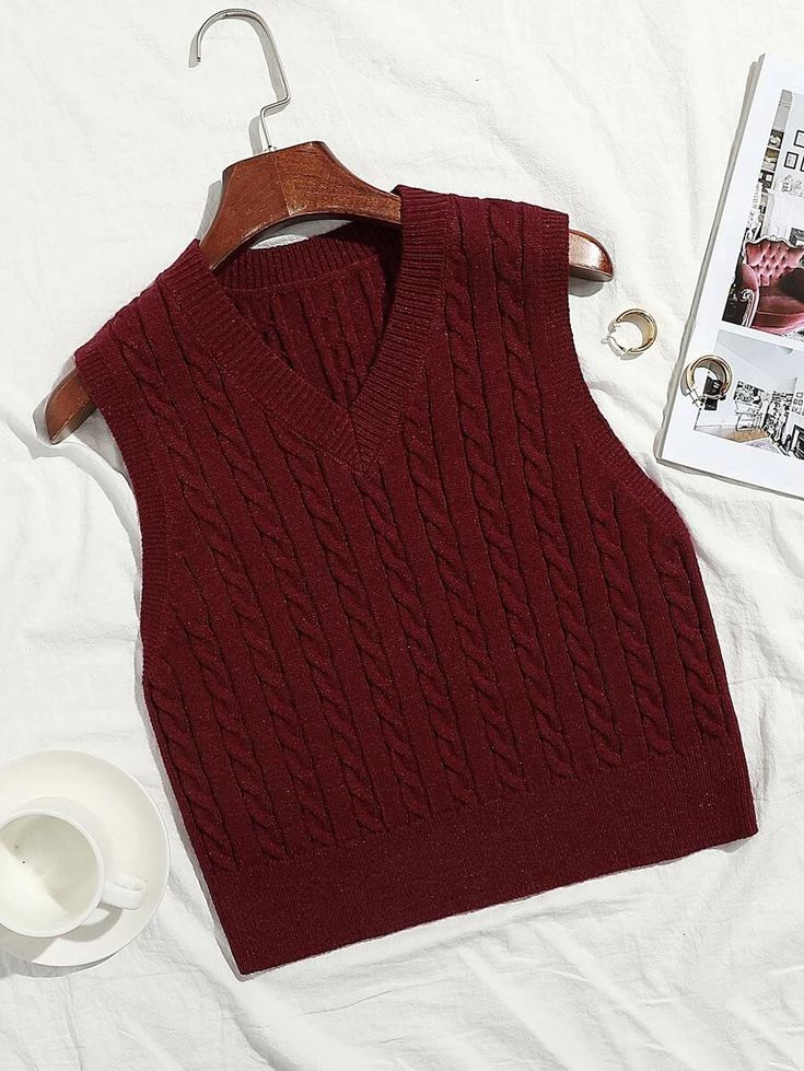 V Neck Cable Knit Sweater Vest | SHEIN USA Brown Sweater Vest, Black Sweater Vest, Cable Knit Sweater Vest, V Neck Jumper, 2piece Outfits, V Neck Pullover, Knit Sweater Vest, Short Women Fashion, Sweater Vest Women