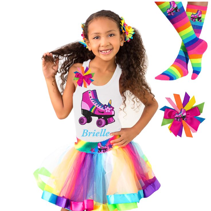 Girls birthday shirt rainbow unicorn skate party shirt. Our rainbow unicorn skate tutu skirt, unicorn skate hair bow, and rainbow unicorn skate socks are a perfect match. I've added fun rainbow colors to top off the design. Let's celebrate her birthday or special event. EnjoyPackage Includes - Shirt, Tutu, Socks, and 1 Hairbow. Names are Not Included. • Birthday Shirt - Handcrafted with premium textured sparkle shine glitter flake™• Tutu Size will be based on the shirt size selected. Tutu skirt Skirt With Knee High Socks, Cute Roller Skating Outfits, Tutu Socks, Bday Shirts, Skating Clothes, Unicorn Socks, Girls Party Outfits, Roller Skate Party, Skate Socks