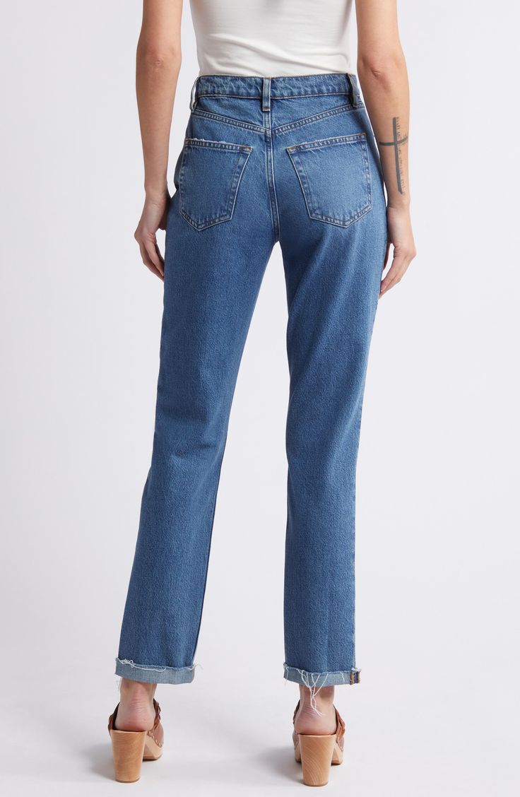 The vintage inspo comes through in these slim-yet-slouchy boyfriend jeans made from innovative nonstretch denim and finished with cuffed raw hems. 28" inseam; 14" leg opening; 11 1/4" front rise Zip fly with button closure Five-pocket style 80% regenerative cotton, 20% recycled cotton Machine wash, dry flat Imported Classic Straight Leg Jeans With Frayed Hem, Classic Cropped Jeans In Rigid Denim With Straight Hem, Rigid Denim Flare Jeans With Straight Hem, Classic Jeans With Frayed Hem, Classic Jeans With Frayed Hem And Tapered Leg, Classic Tapered Leg Jeans With Frayed Hem, Fitted Cropped Jeans With Tapered Leg In Rigid Denim, Classic Cropped Jeans With Frayed Hem, Fitted Tapered Leg Rigid Denim Cropped Jeans