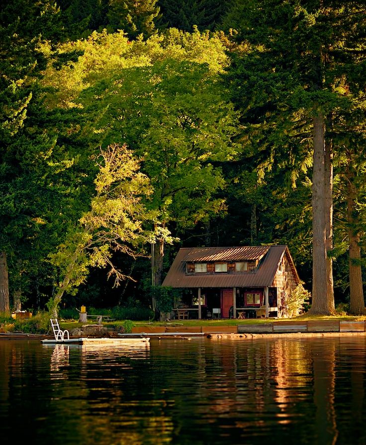 a house sitting on top of a lake surrounded by trees