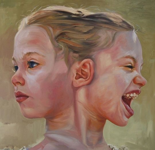 an oil painting of two children with their mouths open and one child's head turned to the side