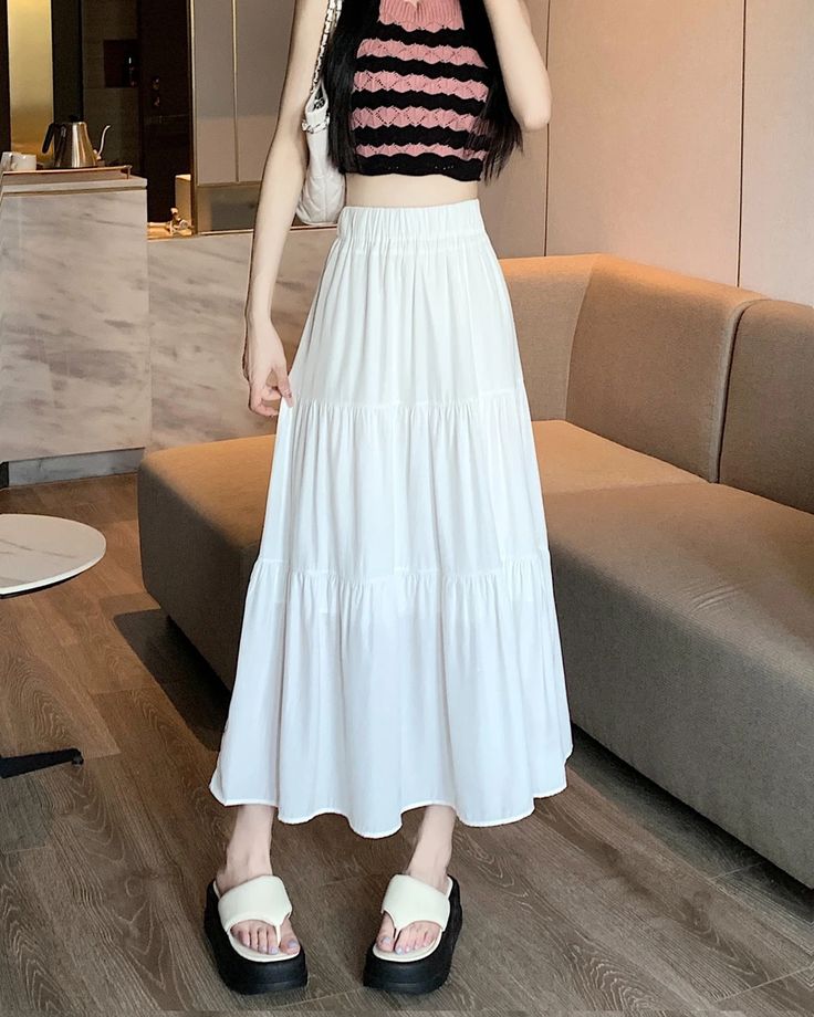 Lasaky - High-waisted Elastic Waist White Midi Skirt - Flattering A-line Cake-Cutting Umbrella Skirt A Line Long Dress, White Midi Skirt, Black Umbrella, Umbrella Skirt, Dress Cake, White Midi, Long Summer Dresses, Pleated Midi Skirt, Petite Dresses