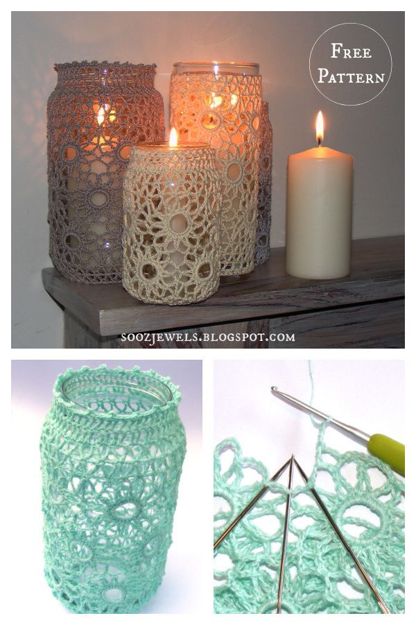 crochet candle holders are shown with candles in them and one is made out of yarn