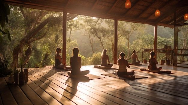 a group of people sitting on top of a wooden floor in front of a forest