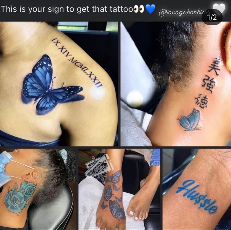 multiple pictures of people with tattoos on their backs and feet, one has a blue butterfly