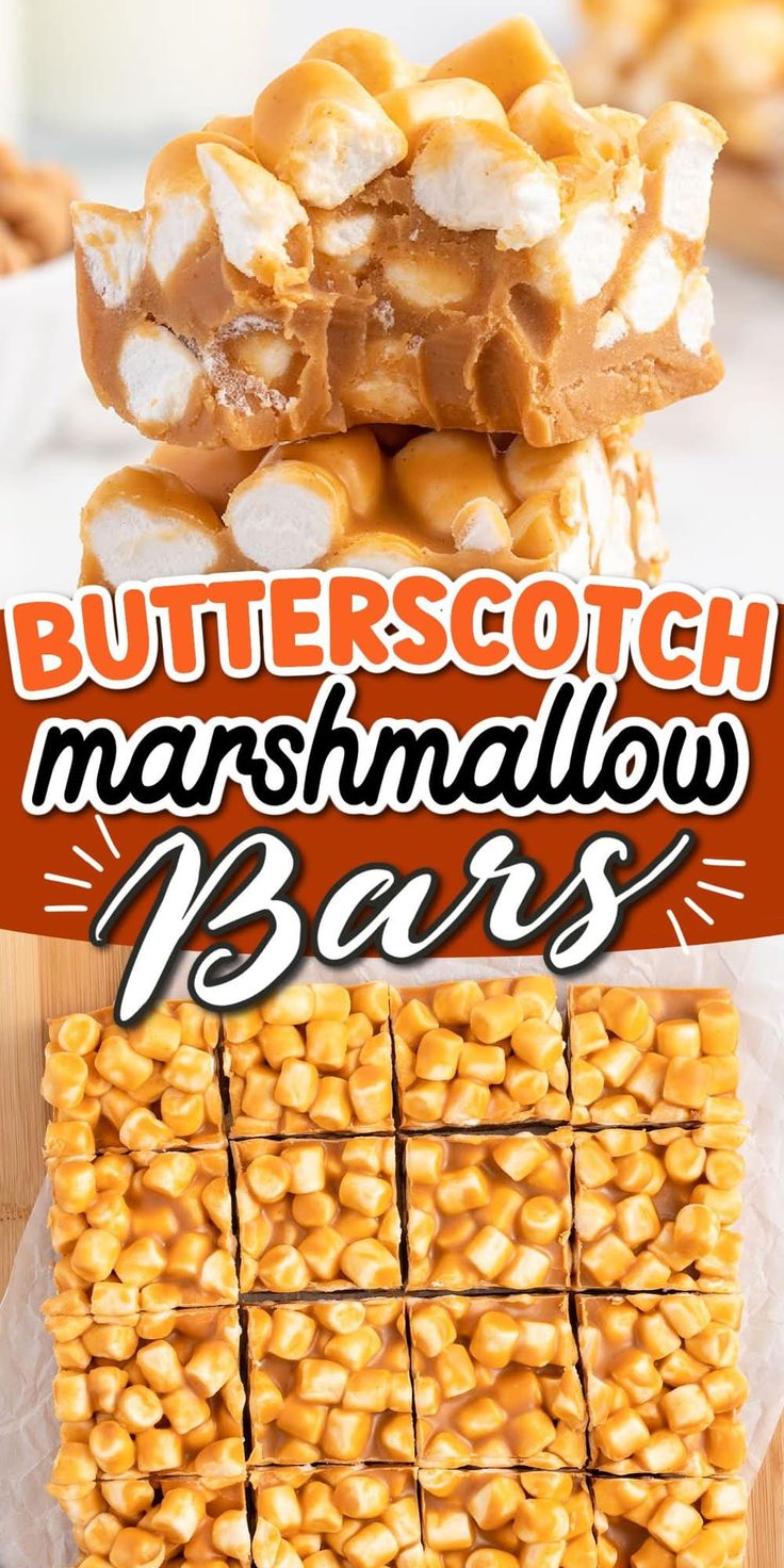 butterscotch marshmallow bars stacked on top of each other with the words butterscotch marshmallow bars above them