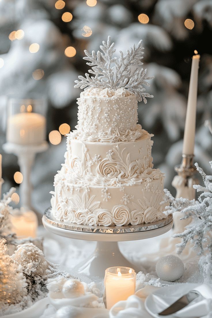 a white wedding cake sitting on top of a table next to candles and snow covered trees