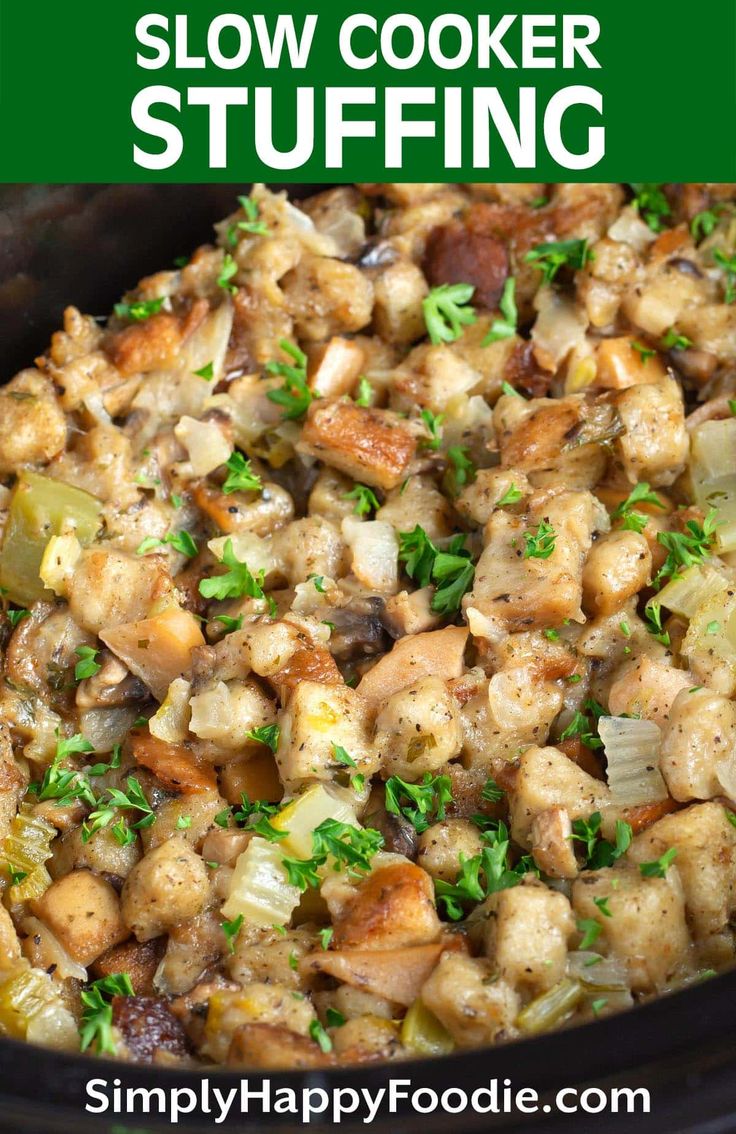 slow cooker stuffing in a crock pot with text overlay