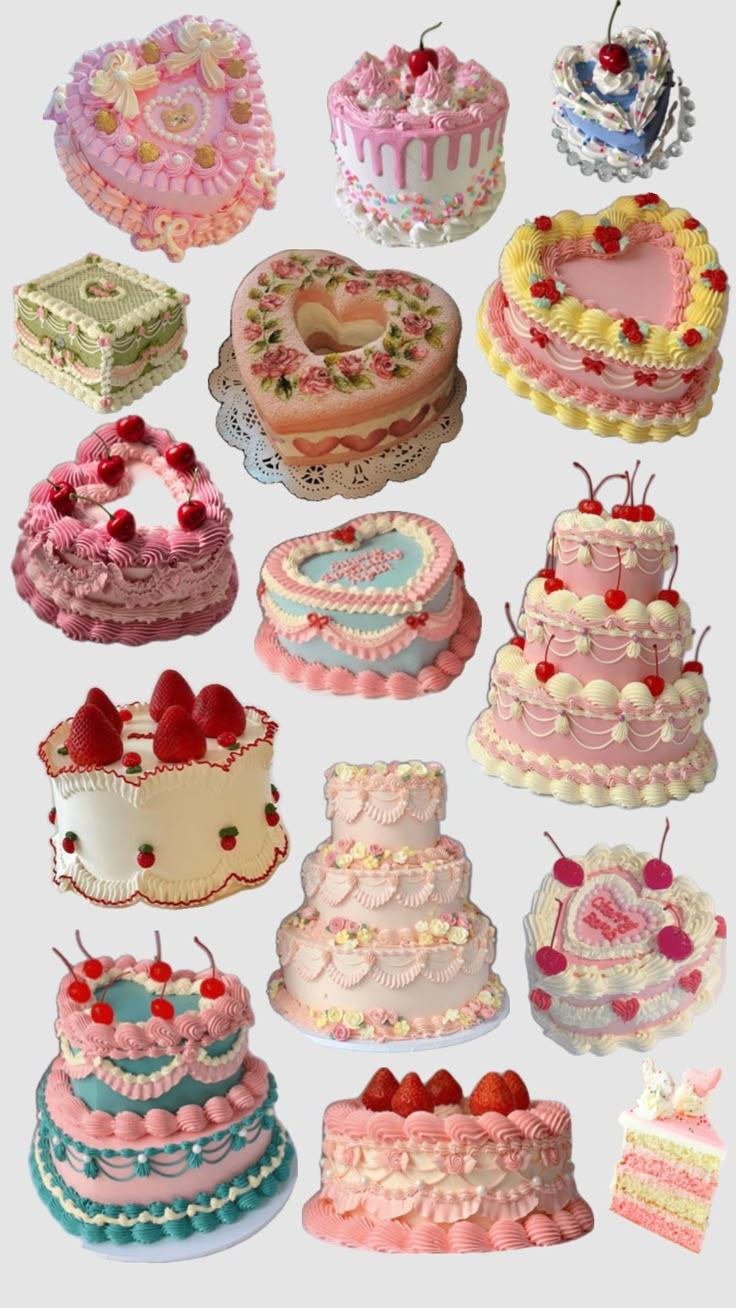 many different types of cakes are arranged in the shape of heart shaped boxes and hearts