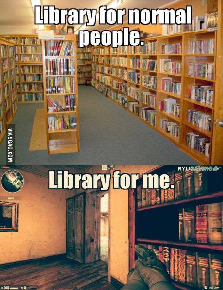 the library is full of books and there are two pictures with one that says library for normal people