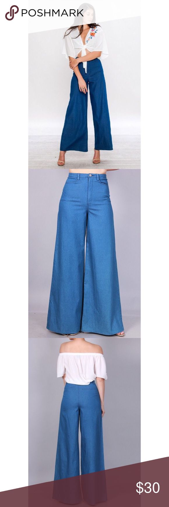 Denim Palazzo Pants Light denim high waist and wide leg palazzo pants. With front and faux back pockets.  SMALL 31. 75 inseam, 25” waist, MEDIUM 32” inseam, 26.50 waist LARGE  32.50” inseam, 28” waist Flying Tomatoe Jeans Flare & Wide Leg Chic Wide-leg Cropped Denim Jeans, Denim Blue Full Length Flare Jeans For Summer, Trendy Wide-leg Cropped Jeans In Denim Blue, Spring Wide-leg Denim Flare Jeans, Summer Full-length Denim Blue Flare Jeans, Full Length Denim Blue Pants For Spring, Spring Denim Blue Wide-leg Jeans, Spring Wide-leg Denim Blue Jeans, Spring Wide-leg Cropped Denim Jeans