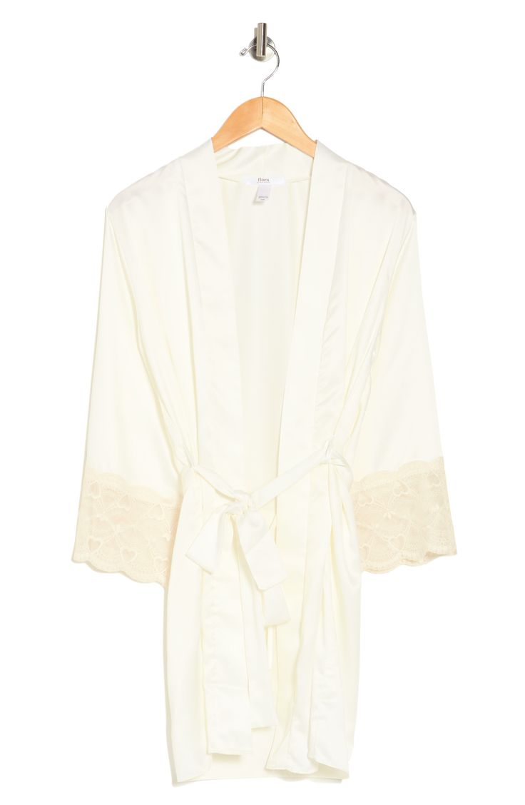 Lace trim adds intimate detail to this soft and smooth cover-up robe perfect for at-home comfort. 35" length Open front Long sleeves Tie front closure 100% polyester Hand wash Imported Flora Nikrooz, Swim Cover, Front Open, Nordstrom Rack, Lace Trim, Cover Up, Hand Wash, Nordstrom, Long Sleeves