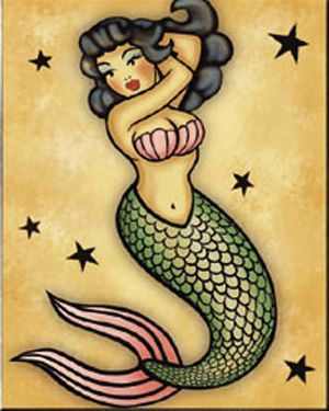 a painting of a mermaid with stars on it's back and her arms behind her head