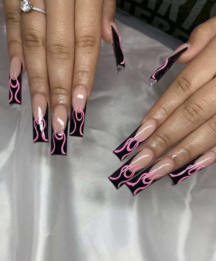 Nail Ideas Black And Pink, Freestyle Acrylic Nails, 4 Meaning, Nail Ideas Black, Pink Nail Ideas, Celebrity Nails, Drip Nails, Edgy Nails, Colored Acrylic Nails