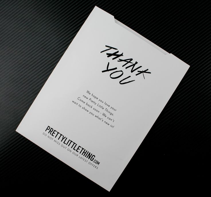 a thank card with the words pretty little thing written in black ink on white paper