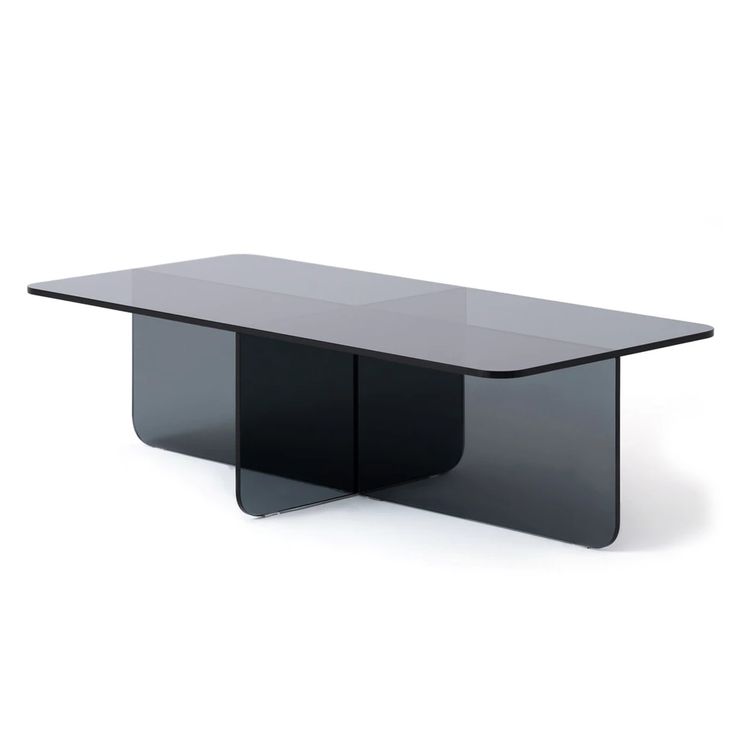 a glass table with two black legs and a rectangular top, on a white background