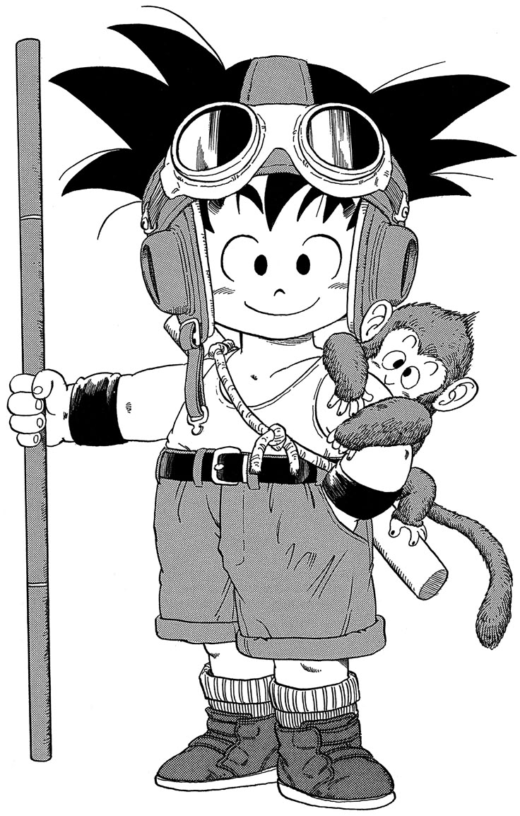 a black and white drawing of a young boy holding a monkey with goggles on