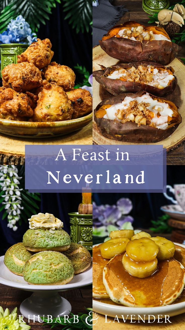 the cover of a feast in neverland, with different types of food on plates