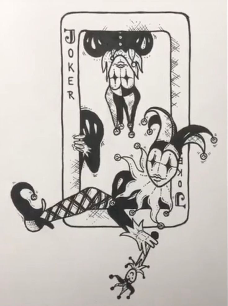 an ink drawing of a joker playing cards