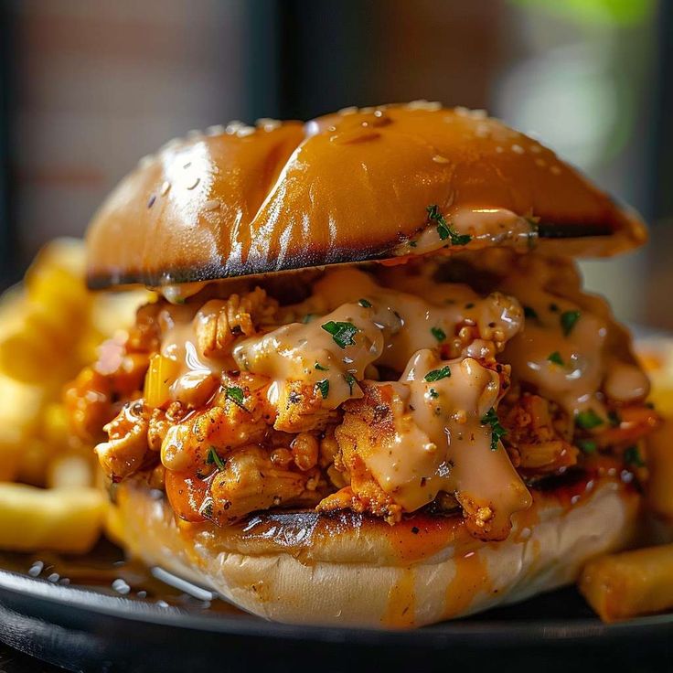 a close up of a sandwich on a plate with french fries