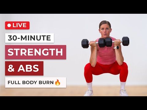 a woman doing a squat with dumbbells in front of her and the words 30 - minute strength & abs full body burn