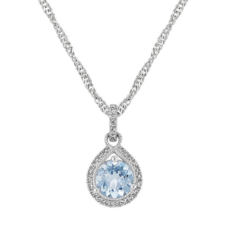 Round Aquamarine Pendant with Diamonds (20 in) Formal Aquamarine Jewelry With Brilliant Cut, Light Blue Diamond Necklace For Anniversary, Classic Blue Topaz Jewelry With Diamond Accents, Fine Jewelry Light Blue Jewelry With Diamond Accents, Elegant Blue Topaz Jewelry With Diamond Cut, Elegant Silver Diamond Necklace With Birthstone, Classic Light Blue Jewelry With Diamond Accents, Elegant Light Blue Necklace For Anniversary, Light Blue Fine Jewelry Necklace For Formal Occasions