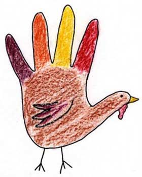 a drawing of a bird with colored feathers on it's head and wings in the shape of a hand