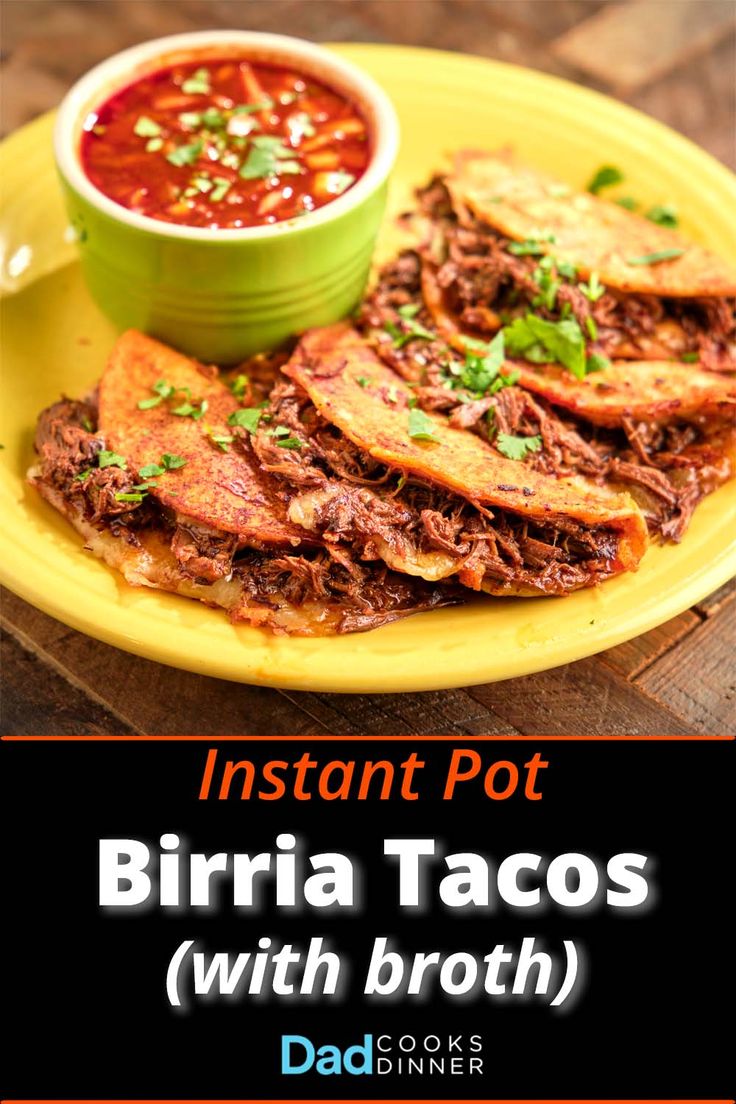 instant pot burritos with broth on a yellow plate next to a bowl of salsa