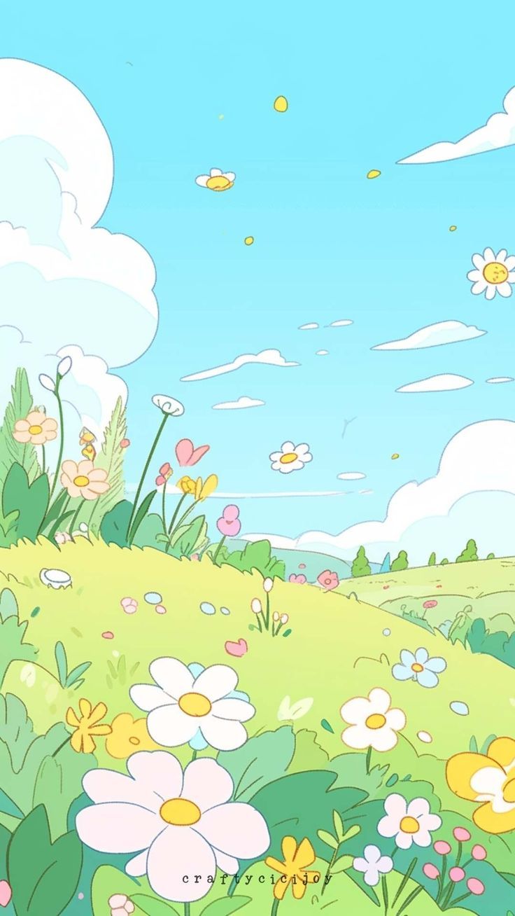 a field with flowers and clouds in the sky