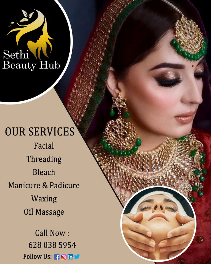 a woman with her hands on her chest and the words, our services facial threading bleach manicure & radicure waxing oil massage call now