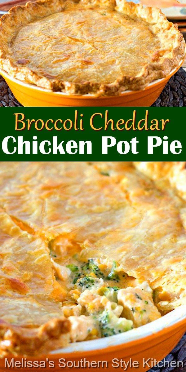 broccoli cheddar chicken pot pie with text overlay