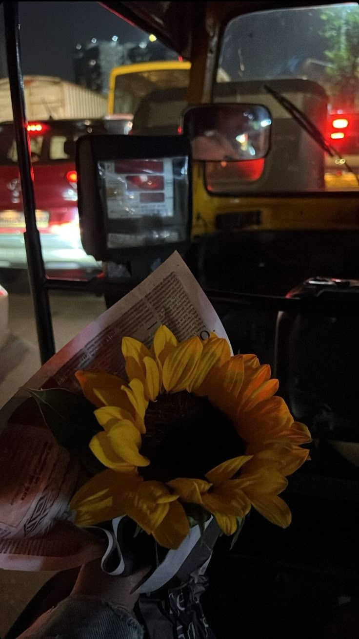 a sunflower is sitting on top of a newspaper in the back of a truck