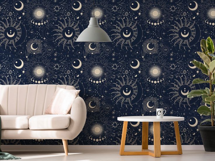 Athena Beige Sofa with White Coffee Table and Large Green Plant Constellations Wallpaper, Sky Of Stars, Celestial Wallpaper, Kids Bedroom Wallpaper, Stars And Constellations, Mykonos Blue, Wallpaper Textured, Dining Room Wallpaper, Classic Wallpaper