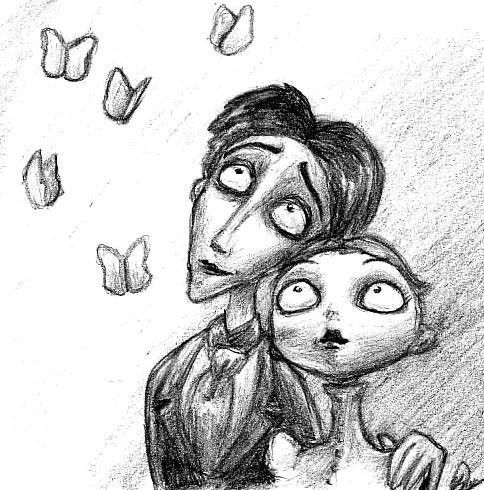 a pencil drawing of a man and woman looking at each other with eyes wide open