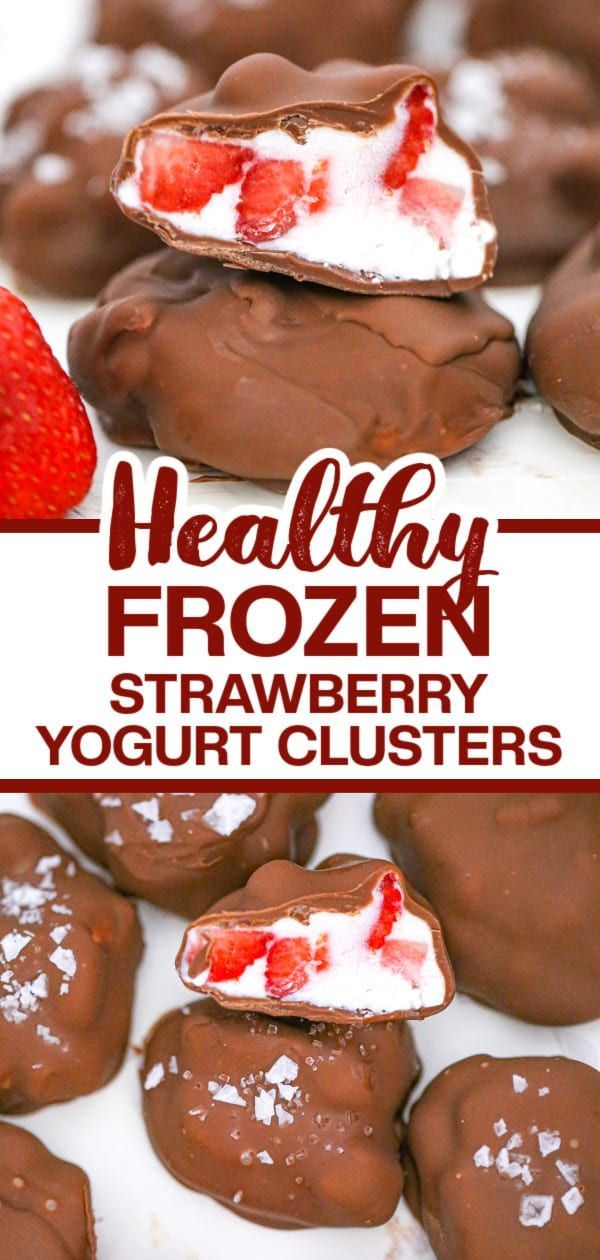 healthy frozen strawberry yogurt clusters with text overlay