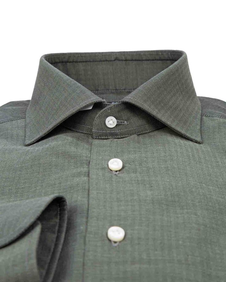 Composition: 100% Cotton Classic Green Business Tops, Elegant Green Shirt With Spread Collar, Fitted Luxury Tops With Concealed Placket, Luxury Business Tops With Fold Down Collar, Designer Semi-formal Tops With Fold Down Collar, Luxury Business Top With Fold Down Collar, Designer Slim Fit Semi-formal Tops, Designer Slim Fit Top For Semi-formal Occasions, Classic Green Semi-formal Tops