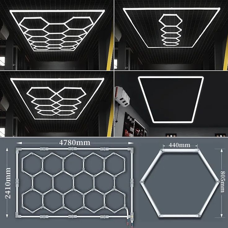 four different views of the ceiling light fixture in various angles and sizes, with measurements for each section