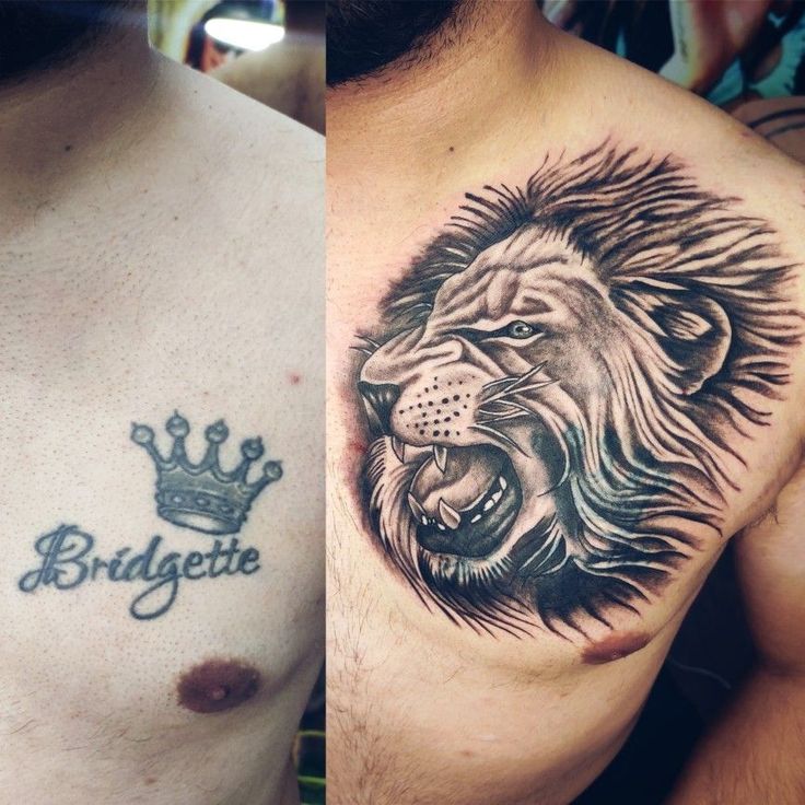 two men with tattoos on their chests one has a lion and the other has a crown