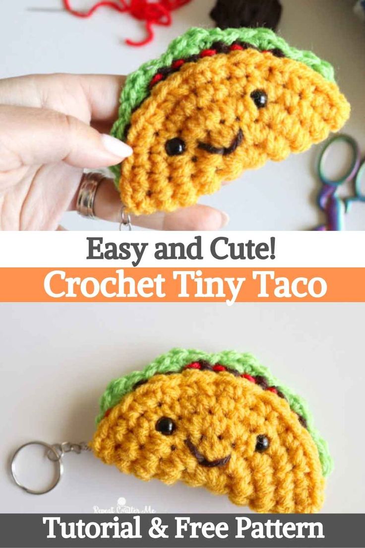 crochet taco keychain is shown with the words easy and cute