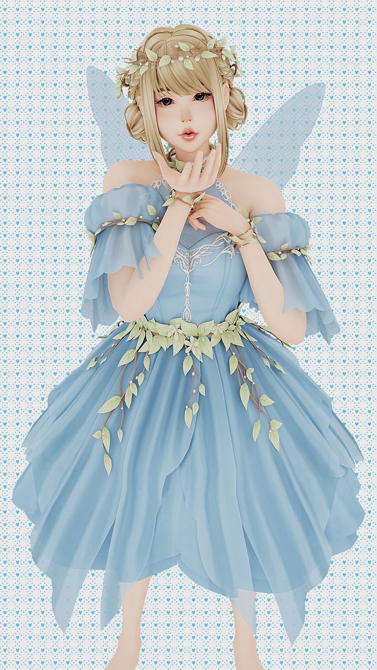 a girl in a blue dress with leaves on her arms and hands to her chest