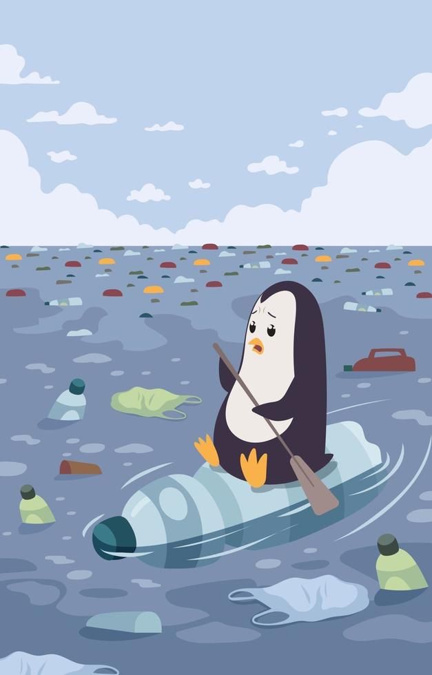 a penguin in a kayak surrounded by trash floating on the water