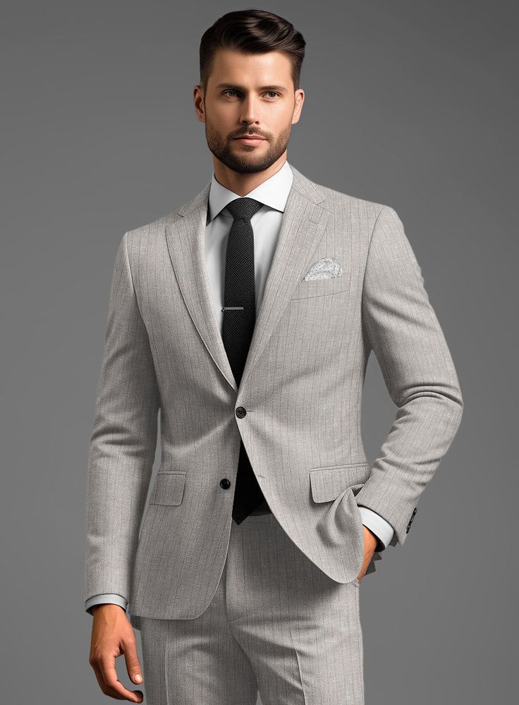 Enrobe yourself in aristocratic elegance and cultivated aesthetics with the distinguished Loro Piana Matias Linen Wool Silk Suit. Meticulously woven from a premium fusion of linen, wool, and silk, and adorned with elegant grey stripes, this ensemble offers an unmatched blend of comfort and breathability. Whether commanding the spotlight at a radiant summer wedding or exuding confidence at a prestigious business luncheon, this masterpiece sets you apart as a true connoisseur of style.    A marriage of elegance and comfort, Loro Piana fabrics are made using the highest quality raw materials in the world, in their purest form or blended together. A sophisticated response to the dictates of contemporary elegance, these fabrics lend themselves to a wide range of styles to meet the varied needs Elegant Fitted Suits With Welt Pockets, Elegant Suits With Welt Pockets, Elegant Fitted Suit With Concealed Placket, Elegant Slim Fit Suits With Pressed Crease, Elegant Custom Fit Three-piece Suit With Welt Pockets, Elegant Slim Fit Suits For Semi-formal Occasions, Elegant Slim Fit Semi-formal Suit, Luxury Linen Suits, Elegant Wedding Blazer With Welt Pockets